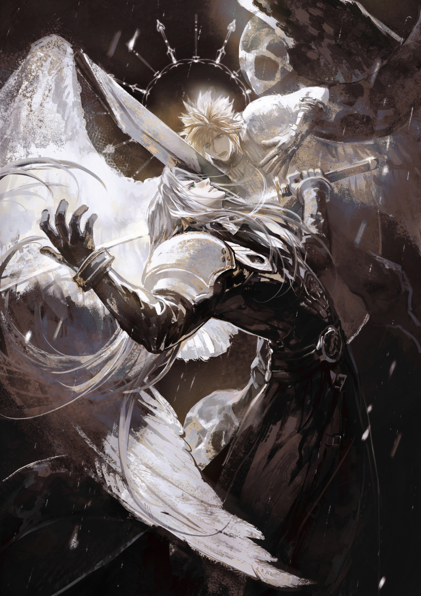 2boys :o absurdres angel_wings arched_back arm_up armor bangle battle black_coat black_gloves black_sweater blonde_hair blue_eyes bracelet buster_sword cloud_strife coat curtained_hair duel final_fantasy final_fantasy_vii floating_hair from_side gloves green_eyes grey_hair highres holding holding_sword holding_weapon jewelry leaning_back long_coat long_hair male_focus masamune_(ff7) moyna multiple_boys open_mouth parted_bangs parted_lips pauldrons profile sephiroth short_hair shoulder_armor single_pauldron single_wing spiked_hair sweater sword sword_clash turtleneck turtleneck_sweater very_long_hair weapon wings