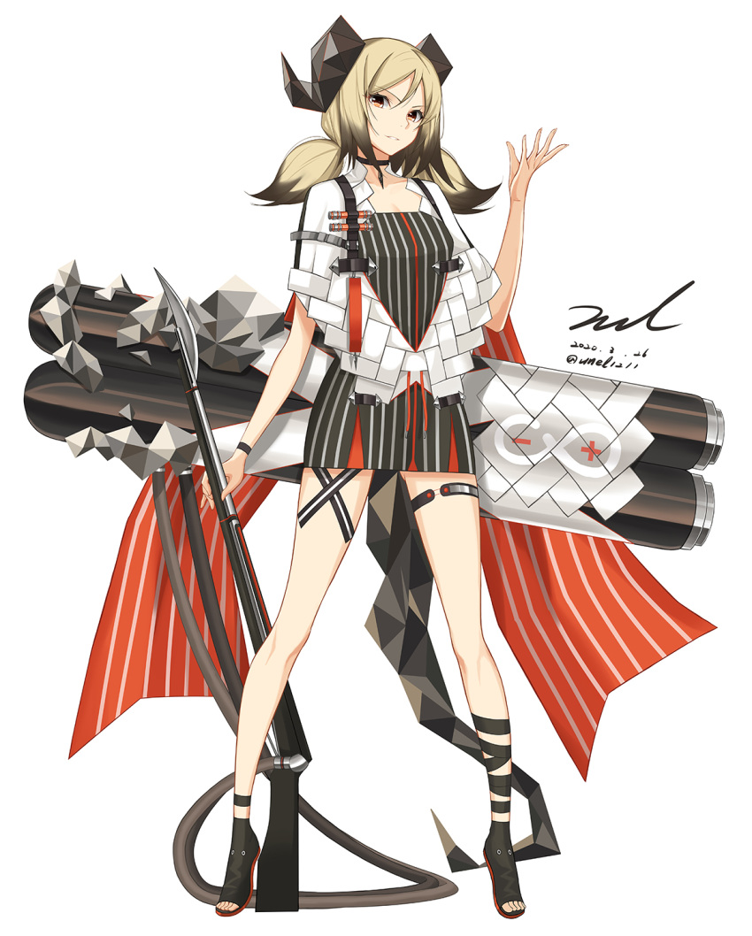 1girl ankle_wrap arknights black_choker black_dress black_footwear black_hair blonde_hair breasts canister choker cleavage closed_mouth commentary dated demon_horns demon_tail dress eyebrows_visible_through_hair flamethrower full_body grin hair_between_eyes highres horns ifrit_(arknights) jacket looking_at_viewer medium_breasts medium_hair multicolored_hair off-shoulder_dress off_shoulder orange_eyes rhine_lab_logo short_dress signature simple_background smile solo standing strap striped tail thigh_strap thighs tiptoes twintails twitter_username two-tone_hair unel vertical-striped_dress vertical_stripes weapon white_background white_jacket