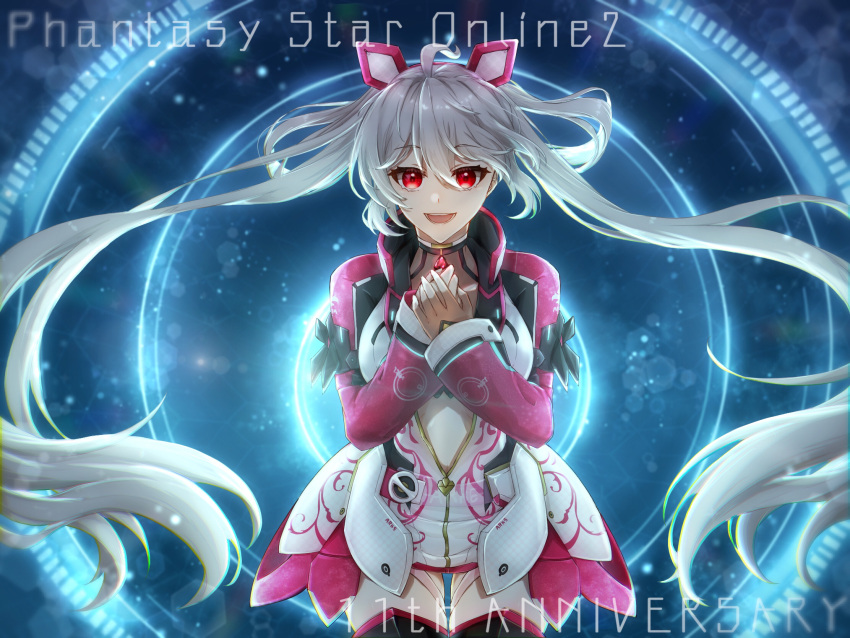 1girl ahoge choker cowboy_shot english_text gem hair_ornament hair_rings highres jacket kirsch_miko long_hair looking_at_viewer matoi_(pso2) multicolored_jacket open_mouth partially_open_jacket phantasy_star phantasy_star_online_2 red_eyes red_gemstone solo twintails upper_body very_long_hair white_hair
