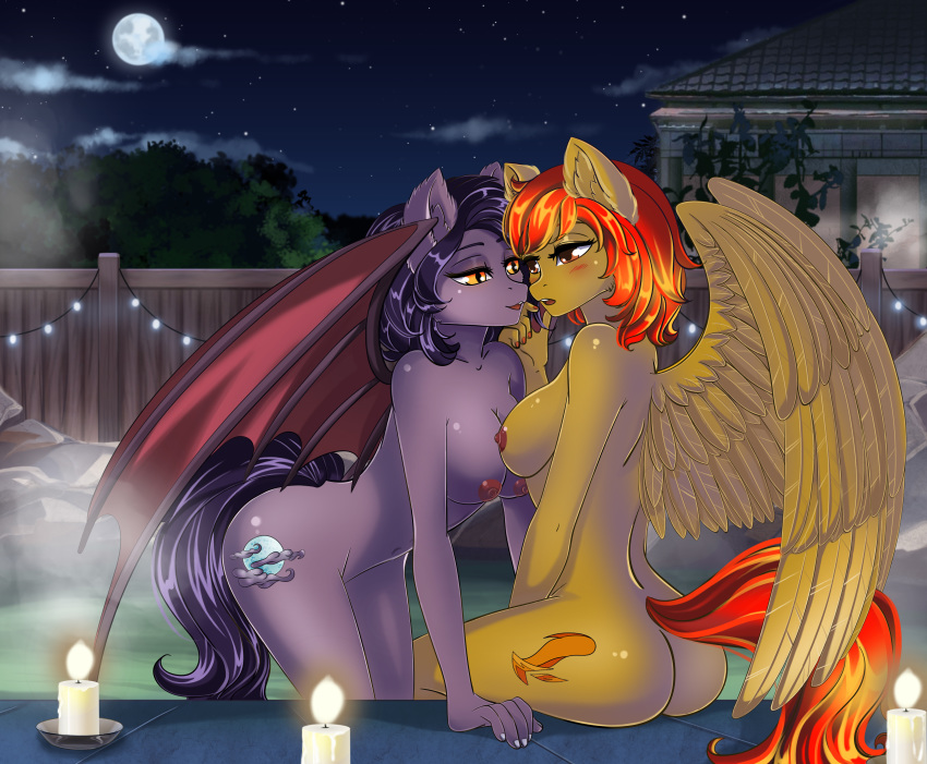 absurd_res anthro bat_pony blush breasts butt duo equid equine eye_contact fan_character female female/female hi_res hot_spring lifejoyart lit_candle looking_at_another mammal my_little_pony nipples nude pegasus water wings