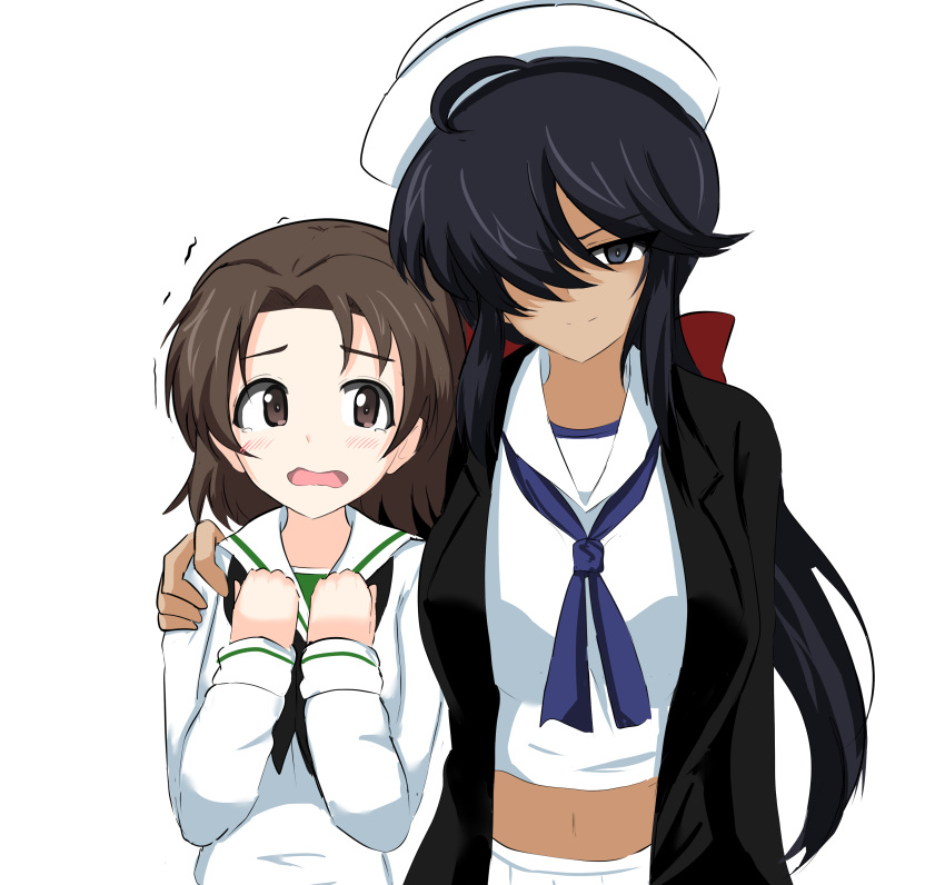 2girls absurdres aikir_(jml5160) arm_around_shoulder bangs black_coat black_eyes black_hair blouse bow coat commentary dark_skin dixie_cup_hat frown girls_und_panzer hair_bow hair_over_one_eye half-closed_eyes hands_on_own_chest hat highres long_hair long_sleeves looking_at_viewer midriff military_hat multiple_girls navel navy_blue_neckwear neckerchief ogin_(girls_und_panzer) ooarai_naval_school_uniform open_clothes open_coat open_mouth pleated_skirt ponytail red_bow sailor sailor_collar sawa_azusa scared school_uniform side-by-side skirt smirk standing tearing_up trembling white_blouse white_headwear white_skirt