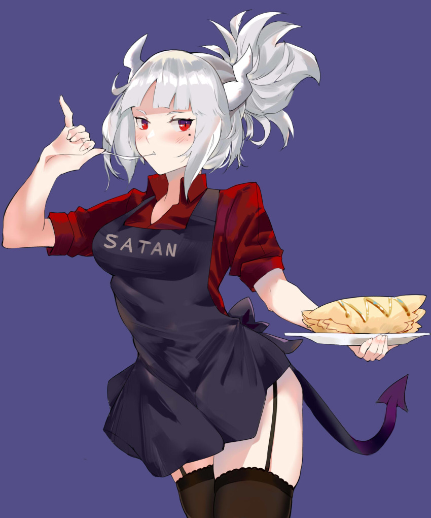 1girl apron bangs black_apron black_legwear blue_background blush breasts collared_shirt demon_horns eating food fork fork_in_mouth garter_straps helltaker highres holding holding_plate horns large_breasts looking_to_the_side lucifer_(helltaker) medium_hair mole mole_under_eye pancake plate red_eyes red_shirt shirt short_hair simple_background sleeves_rolled_up standing thighhighs wesker1025s white_hair white_horns