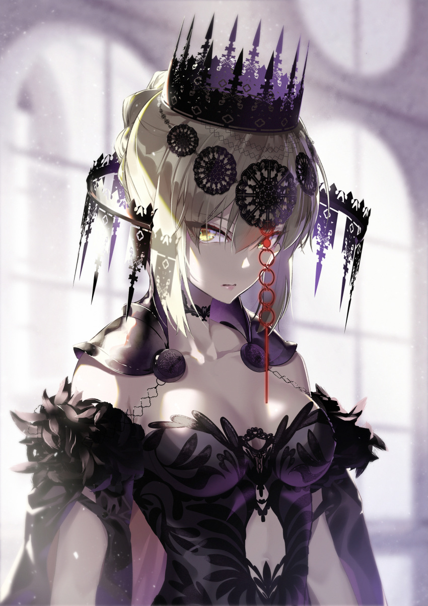 1girl artoria_pendragon_(all) black_cape black_dress black_sleeves breasts cape choker cleavage closed_mouth collarbone commentary_request crown cutout_above_navel detached_sleeves dress expressionless eyebrows_visible_through_hair fate/stay_night fate_(series) feather_trim head_tilt highres lace lace_choker lips looking_at_viewer medium_breasts pale_skin pauldrons saber_alter sidelocks solo tied_hair tsurukame upper_body window yellow_eyes