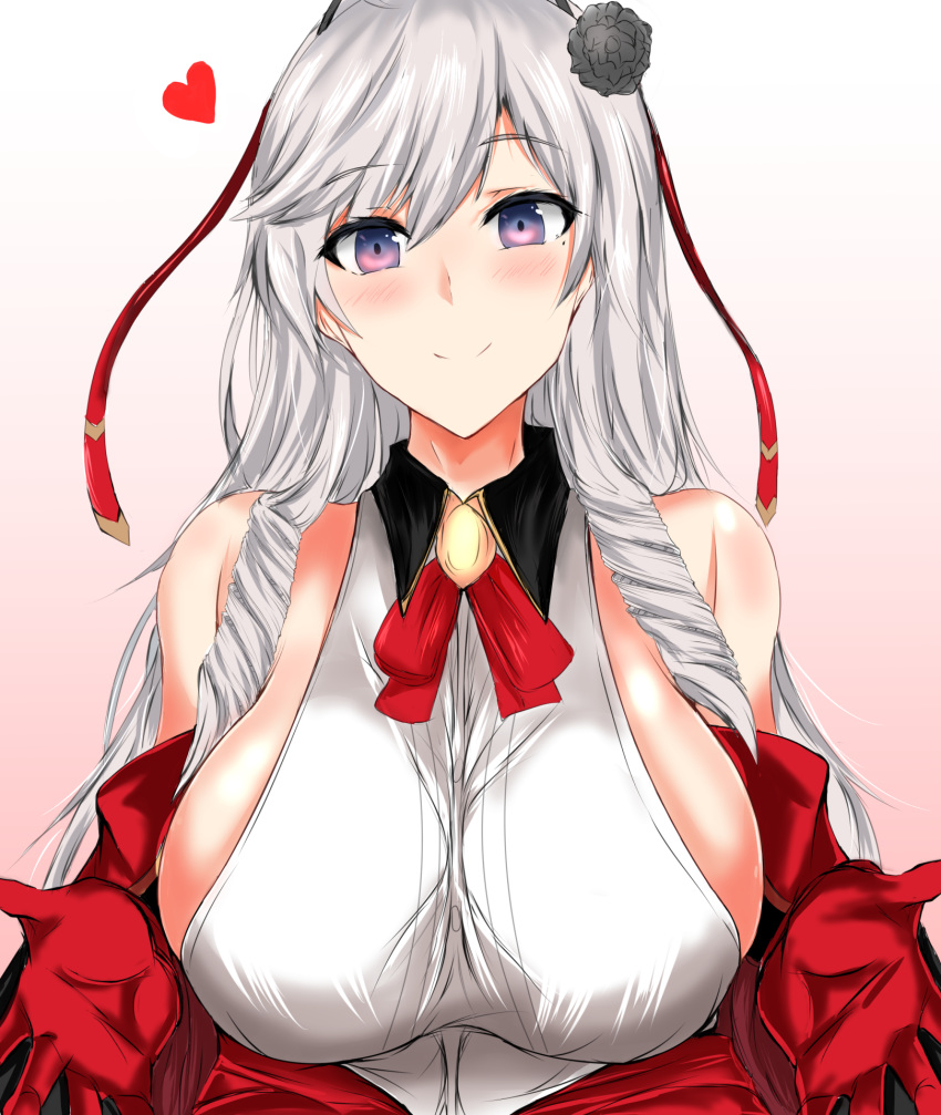 1girl algerie_(azur_lane) azur_lane blush braid braided_bangs breasts dress flower gloves graphite_(medium) hair_flower hair_ornament hair_ribbon highres isshii13 large_breasts long_hair looking_at_viewer mechanical_pencil mole mole_under_eye pencil purple_eyes red_gloves ribbon silver_hair simple_background smile solo traditional_media