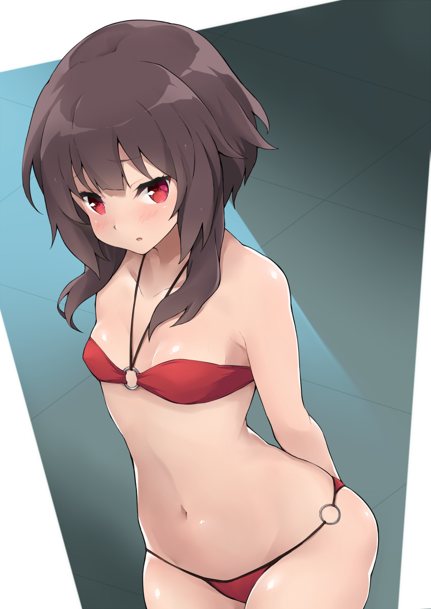 1girl arms_behind_back bikini blush breasts brown_hair collarbone commentary_request eyebrows_visible_through_hair highres jampen kono_subarashii_sekai_ni_shukufuku_wo! looking_at_viewer megumin navel o-ring o-ring_bikini o-ring_bottom o-ring_top red_bikini red_eyes short_hair small_breasts solo swimsuit