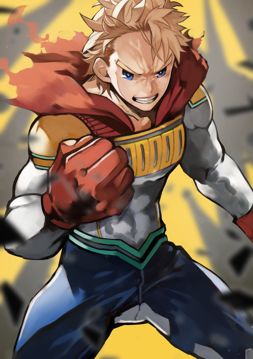 1boy absurdres anger_vein angry bara blonde_hair blue_eyes blue_pants bodysuit boku_no_hero_academia cape chest clenched_hand covered_abs fighting_stance gloves highres long_sleeves looking_at_viewer male_focus muscle pants red_gloves simple_background solo standing teeth thighs tight toogata_mirio torn_cape torn_clothes upper_body veins yoshio_(55level)