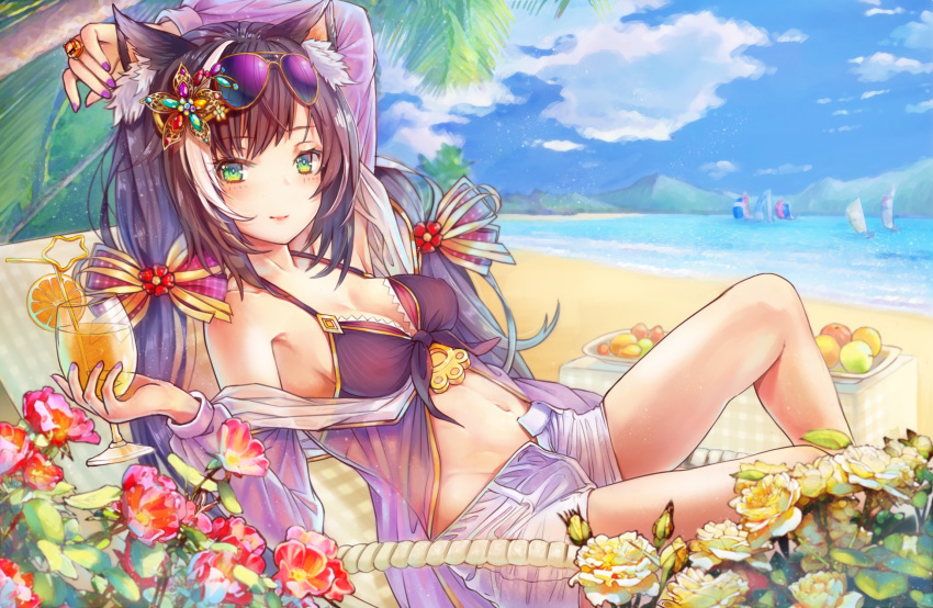 animal_humanoid beach black_body black_fur black_hair blush breasts cat_humanoid cleavage clothed clothing felid felid_humanoid feline feline_humanoid female fur green_eyes hair hi_res humanoid kyaru_(princess_connect) long_hair mammal mammal_humanoid princess_connect! princess_connect!_re:dive seaside simple_background small_breasts solo sxbzero