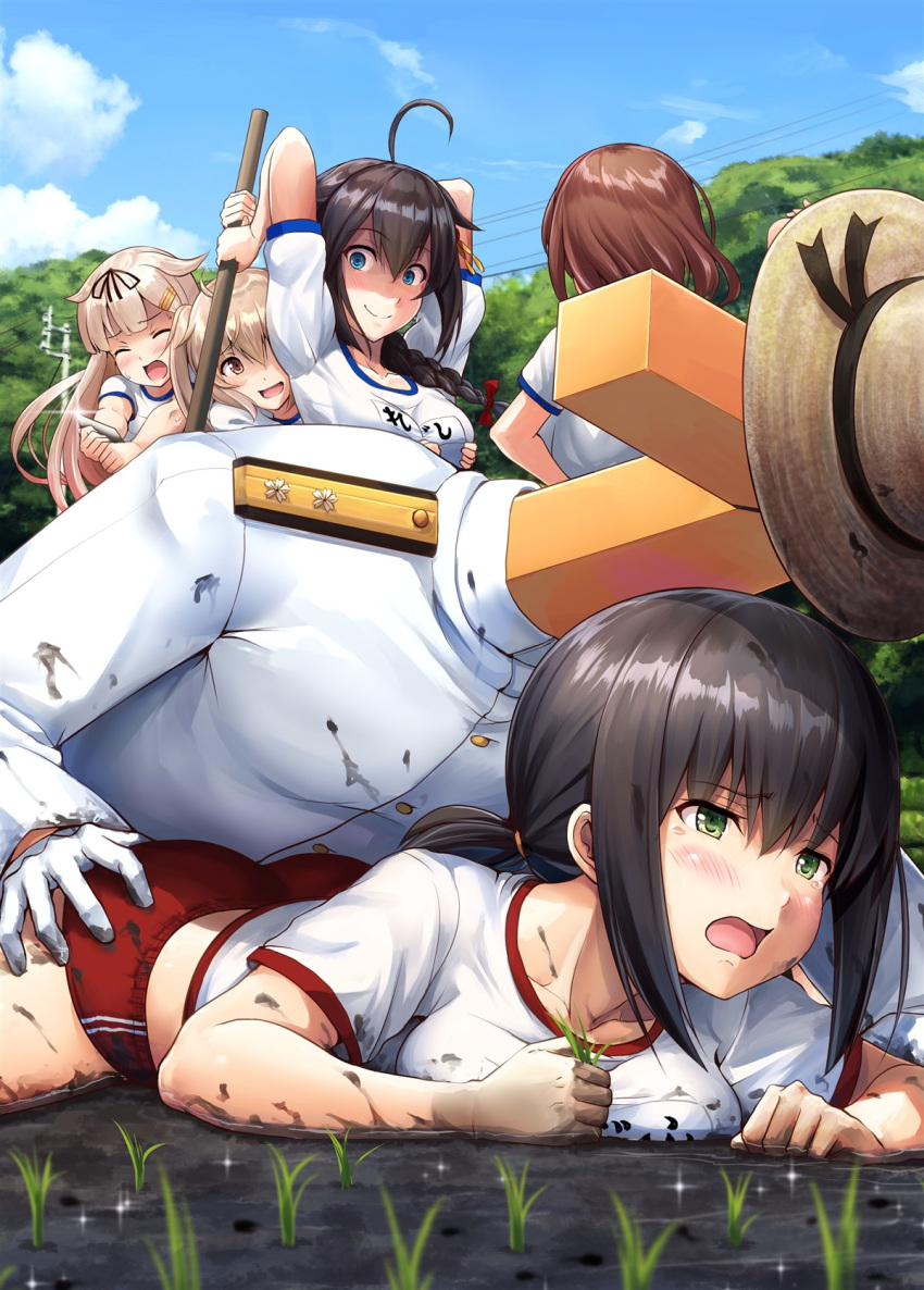 1boy 5girls admiral_(kantai_collection) ahoge alternate_costume ass ass_grab bangs black_hair black_ribbon blonde_hair blue_eyes blue_sky blush boy_on_top braid breast_grab breasts brown_eyes brown_hair buruma closed_mouth cloud collarbone day dirty dirty_clothes dirty_face epaulettes eyebrows_visible_through_hair fubuki_(kantai_collection) gloves grabbing grabbing_another's_ass gradient_hair green_eyes groping gym_shorts gym_uniform hair_between_eyes hair_flaps hair_ornament hair_over_shoulder hair_ribbon hairclip hand_on_another's_ass hat hetero highres holding ichikawa_feesu kantai_collection light_brown_hair long_hair looking_at_viewer lying medium_breasts military military_hat military_uniform mud multicolored_hair multiple_girls murasame_(kantai_collection) name_tag naval_uniform on_stomach open_mouth outdoors plant ponytail power_lines remodel_(kantai_collection) ribbon rice_paddy rice_planting school_uniform shaded_face shigure_(kantai_collection) shiratsuyu_(kantai_collection) shirt short_hair short_sleeves shorts single_braid sky smile standing t-head_admiral tearing_up tears tree twintails two_side_up uniform water wet white_gloves yuudachi_(kantai_collection)