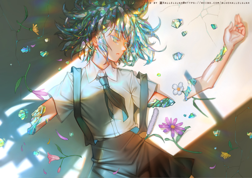 1other amputee androgynous aqua_nails bangs black_shorts blue_hallelujah bort cattail collared_shirt commentary_request crack cracked_floor diamond_(houseki_no_kuni) double_amputee dress_shirt eyelashes flower gem_uniform_(houseki_no_kuni) green_hair half-closed_eyes houseki_no_kuni looking_away looking_to_the_side lying multicolored_hair nail_polish necktie on_back on_ground out_of_frame pink_flower plant purple_flower red_flower rubble sad severed_limb shadow shards shirt short_hair short_sleeves shorts silver_eyes solo_focus suspender_shorts suspenders upper_body watermark web_address white_flower white_shirt yellow_flower