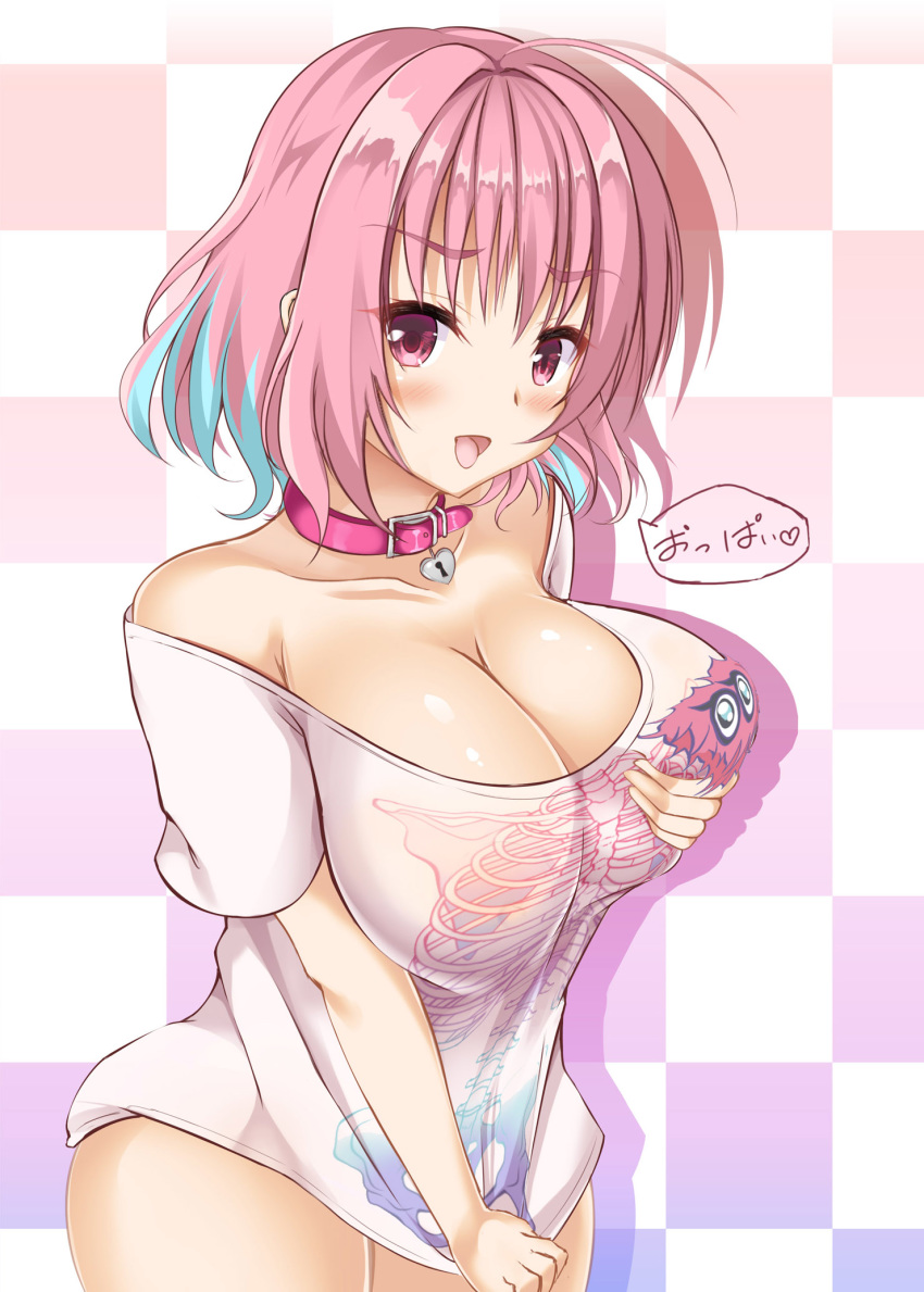 1girl ahoge bangs bell bell_choker blue_hair blush breasts choker cleavage collarbone eyebrows_visible_through_hair hair_intakes highres idolmaster idolmaster_cinderella_girls idolmaster_cinderella_girls_starlight_stage large_breasts looking_at_viewer multicolored_hair naughty_face open_mouth pink_eyes pink_hair shirt short_hair short_sleeves shrimp_3 smile solo t-shirt tagme translation_request two-tone_hair yumemi_riamu