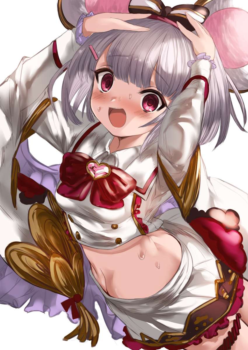 1girl animal_ears bangs blunt_bangs blush breasts collared_shirt cropped_shirt detached_sleeves fake_animal_ears frilled_skirt frills gem granblue_fantasy hair_ornament hairclip headband highres long_sleeves looking_at_viewer maou_(maoudaisukiya) medium_breasts rat_ears red_eyes ribbon shirt short_hair silver_hair skirt solo sweatdrop vikala_(granblue_fantasy) wide_sleeves