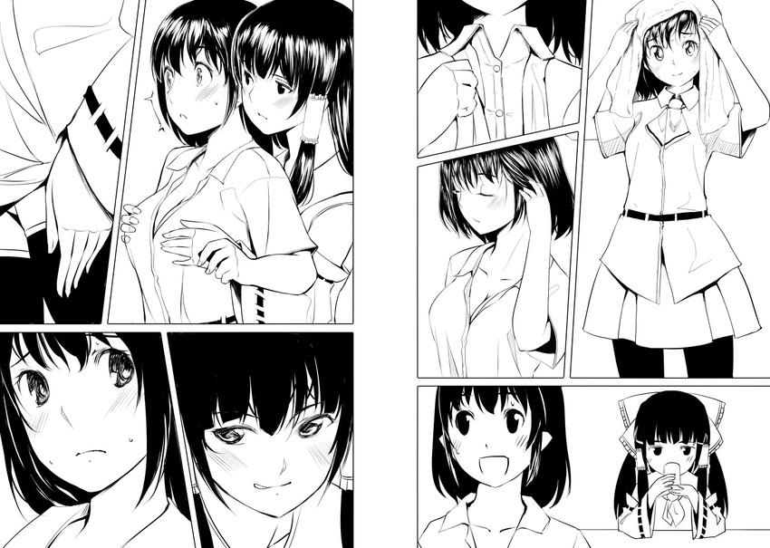 :q breast_grab breasts cleavage comic doujinshi grabbing greyscale gustav_(telomere_na) hakurei_reimu licking_lips medium_breasts monochrome multiple_girls naughty_face shameimaru_aya silent_comic sweatdrop thighhighs tongue tongue_out touhou towel undressing wet yuri