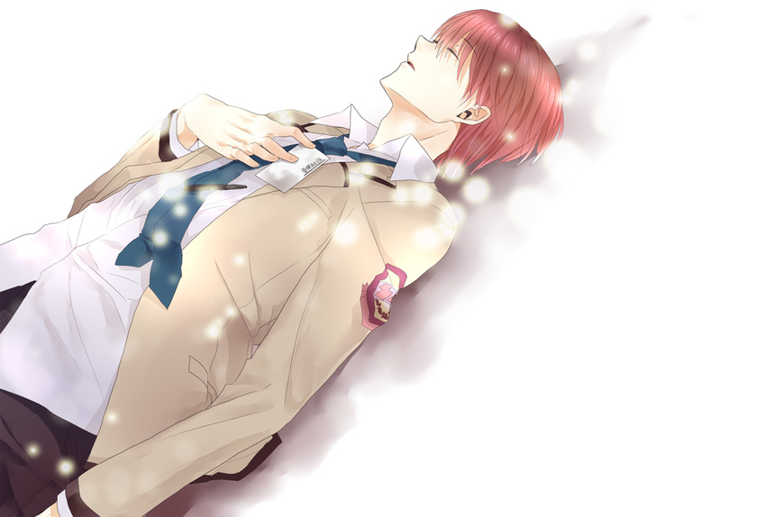 angel_beats! blazer brown_hair card closed_eyes death hand_on_own_chest holding holding_card jacket lying male_focus mirakururu necktie otonashi_(angel_beats!) pen school_uniform snow solo