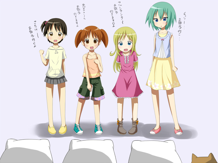 ana_coppola azumanga_daiou blonde_hair blue_eyes blush brown_eyes brown_hair cherry_(lucky_star) crossover dog dress frusciante green_hair hood hoodie ichigo_mashimaro itou_chika iwasaki_minami kadomaki_shinnosuke long_hair lucky_star mihama_chiyo multiple_girls odd_one_out satake_(ichigo_mashimaro) short_hair shorts side_ponytail skirt tadakichi-san translated twintails