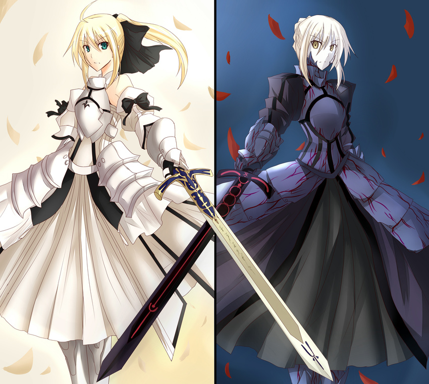 absurdres armor armored_dress artoria_pendragon_(all) blonde_hair caliburn dark_excalibur dress dual_persona fate/stay_night fate/unlimited_codes fate_(series) faulds highres multiple_girls polar_opposites ram_hachimin saber saber_alter saber_lily sword weapon