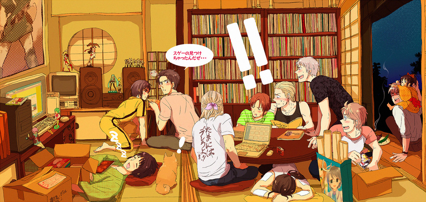 1girl 6+boys america_(hetalia) axis_powers_hetalia bag china_(hetalia) computer dog extra fatal_fury figure france_(hetalia) germany_(hetalia) hatsune_miku highres hong_kong_(hetalia) japan_(hetalia) kagamine_rin korea_(hetalia) link multi multiple_boys nagato_yuki nakoruru northern_italy_(hetalia) otaku_room pochi_(hetalia) poster_(object) prussia_(hetalia) robot_ears samurai_spirits shiranui_mai sleeping stereo suzumiya_haruhi_no_yuuutsu the_king_of_fighters the_legend_of_zelda to_heart translation_request tsuna_(pixiv220877) united_kingdom_(hetalia) vocaloid zashiki-warashi