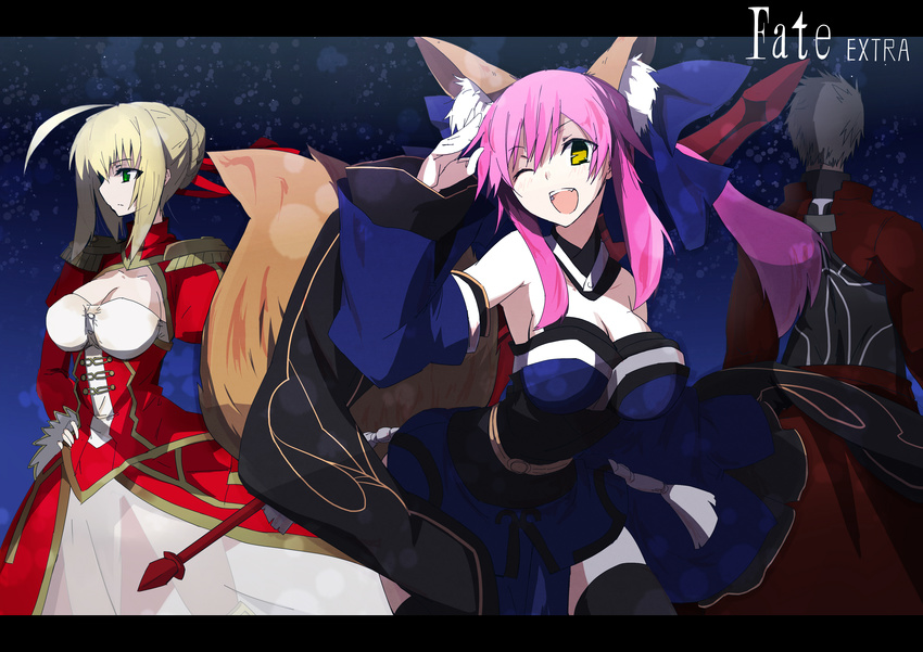 2girls absurdres ahoge animal_ears archer armor armpits blonde_hair breasts cleavage detached_sleeves dress fate/extra fate_(series) fox_ears fox_tail green_eyes hair_ribbon highres japanese_clothes medium_breasts multiple_girls nero_claudius_(fate) nero_claudius_(fate)_(all) one_eye_closed open_mouth pink_hair ribbon tail tamamo_(fate)_(all) tamamo_no_mae_(fate) thighhighs twintails vane white_hair yellow_eyes