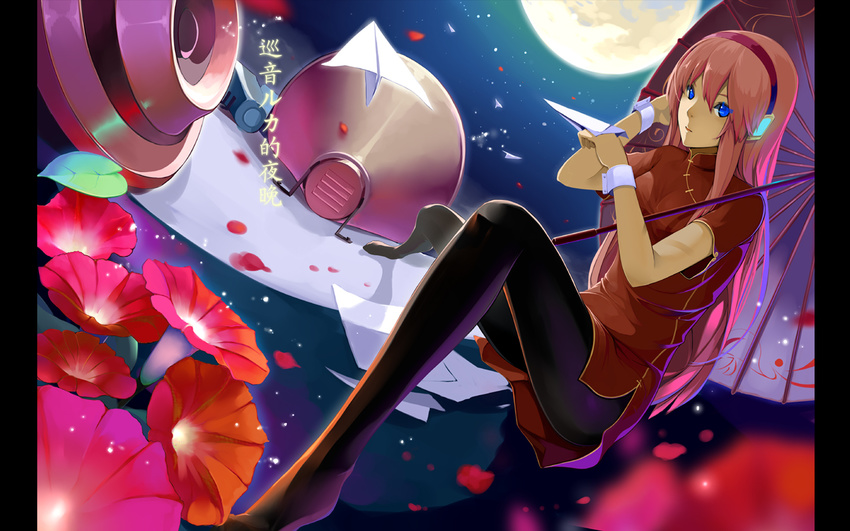 blue_eyes china_dress chinese_clothes dress flower legs long_hair megurine_luka moon night pantyhose paper_airplane pillarboxed pink_hair sitting solo vocaloid wallpaper wolfour
