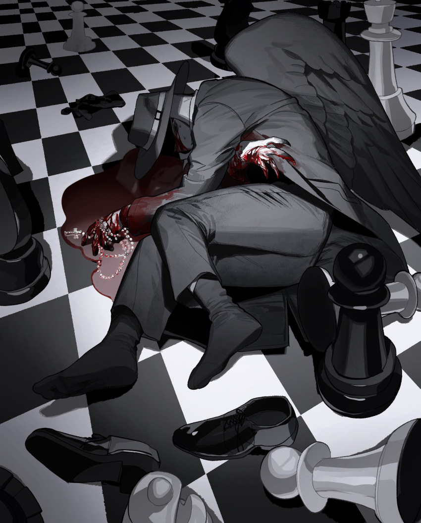 1boy black_coat black_eyes black_footwear black_headwear black_pants black_socks black_suit black_wings bleeding blood blood_on_clothes blood_on_face blood_on_hands checkered_background checkered_floor chess_piece chessboard claws coat collared_coat colored_extremities colored_skin cross cross_necklace dying empty_eyes feathered_wings full_body grey_skin highres holding holding_jewelry holding_necklace jewelry knight_(chess) korean_commentary long_sleeves looking_at_viewer lying male_focus mask necklace on_side original pants pawn_(chess) pool_of_blood rook_(chess) sasi_mozzi1 socks solo suit unworn_footwear wings