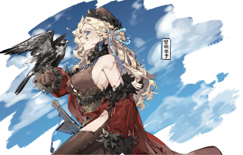 1girl arm_at_side bare_shoulders bird blonde_hair blue_eyes blue_sky breasts chinese_text clothing_cutout coat cowboy_shot earrings from_side fur_hat fur_trim han_dynasty hat hawk highres jewelry looking_at_viewer modun_chanyu mole mole_under_eye oarfish_(artist) off_shoulder original outstretched_arm red_coat scar sideboob sky solo thigh_cutout walking