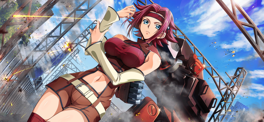 1girl artist_request bare_shoulders belt blue_eyes blue_sky breasts brown_jumpsuit closed_mouth clothing_cutout cloud code_geass code_geass:_lost_stories cowboy_shot day detached_sleeves dutch_angle explosion game_cg glasgow_(code_geass) glint hair_flaps hands_up headband highres holding_own_arm industrial jumpsuit kallen_stadtfeld large_breasts legs_together light_trail long_sleeves looking_at_viewer mecha navel non-web_source official_art outdoors red_hair red_headband red_shirt red_thighhighs ribbed_shirt robot shirt short_hair short_jumpsuit sidelocks sky sleeveless_jumpsuit smoke solo standing stomach stomach_cutout thighhighs thighs undershirt v-shaped_eyebrows white_sleeves
