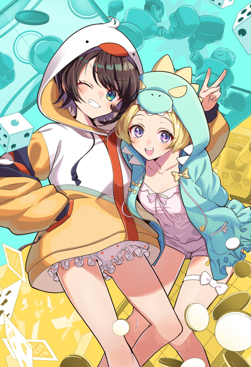 2girls arm_behind_back arms_behind_back bare_legs blonde_hair bloomers blue_eyes bow brown_hair camisole card card_background clenched_teeth collarbone dice dinosaur_hood drawstring duck_hood feet_out_of_frame frilled_shorts frills grin highres hololive hood hoodie itaboon jacket leaning_forward light_blush long_sleeves looking_at_viewer loungewear medium_hair multicolored_background multiple_girls official_alternate_costume oozora_subaru oozora_subaru_(loungewear) open_mouth pocket polka_dot purple_eyes shorts smile teeth thigh_bow tsunomaki_watame tsunomaki_watame_(5th_costume) upper_teeth_only v virtual_youtuber white_bloomers white_shorts yellow_bow