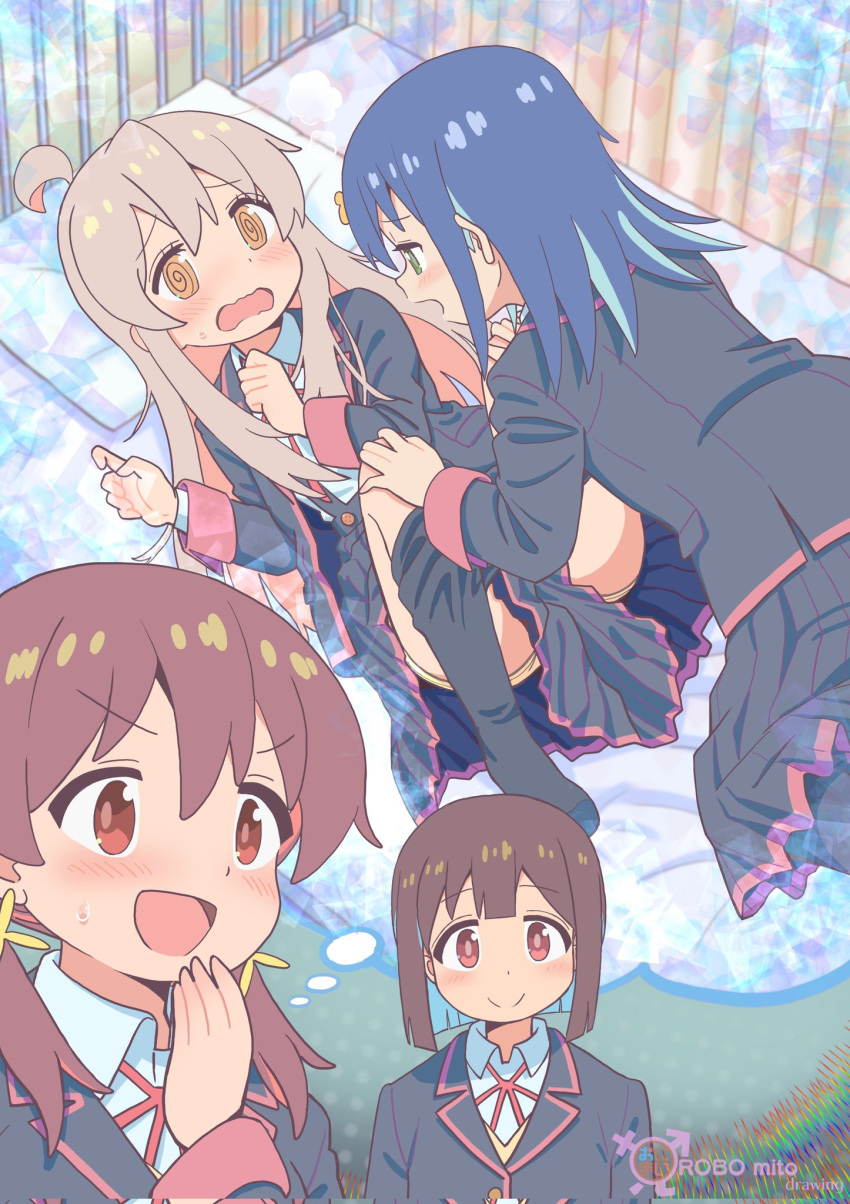 4girls :d @_@ ahoge aqua_hair artist_name black_jacket black_pantyhose black_skirt blue_hair blunt_bangs blunt_ends blush brown_eyes brown_hair clothes_pull colored_inner_hair commentary copyright_name corrupted_twitter_file english_text flustered green_eyes grey_hair hair_between_eyes hand_to_own_mouth hands_on_another's_knees highres himejoshi hozuki_momiji imagining jacket knees_up long_hair long_sleeves low_twintails lying male-female_symbol multicolored_hair multiple_girls murosaki_miyo neck_ribbon on_back on_bed onii-chan_wa_oshimai! open_mouth orange_eyes oyama_mahiro panties pantyhose pantyhose_pull pillow pink_hair pleated_skirt red_eyes red_ribbon ribbon robomito school_uniform shirt short_hair skirt smile sweatdrop tenkawa_nayuta thought_bubble twintails two-tone_hair underwear wavy_mouth white_shirt wing_collar yellow_panties yuri