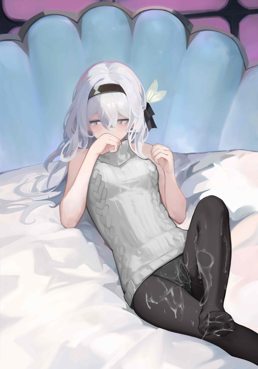 1girl absurdres bed black_hairband black_pantyhose black_ribbon chinese_commentary commentary_request covering_own_mouth cum cum_on_legs firefly_(honkai:_star_rail) grey_eyes hair_ribbon hairband hands_up highres honkai:_star_rail honkai_(series) leg_up long_hair looking_to_the_side lying on_back pantomime pantyhose ribbed_sweater ribbon sleeveless sleeveless_sweater solo sweater variant_set white_hair white_sweater