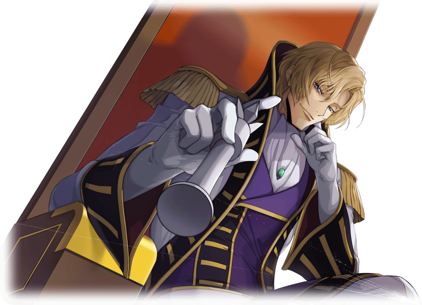 1boy artist_request ascot blonde_hair chess_piece closed_mouth coat code_geass code_geass:_lost_stories dutch_angle epaulettes game_cg gem gloves green_gemstone grey_eyes half-closed_eyes hand_on_own_face hands_up happy high_collar highres holding_chess_piece jacket king_(chess) long_sleeves looking_at_viewer male_focus non-web_source official_art on_chair open_clothes open_coat playing_games purple_jacket schneizel_el_britannia short_hair sidelocks simple_background sitting smile solo transparent_background upper_body white_ascot white_coat white_gloves
