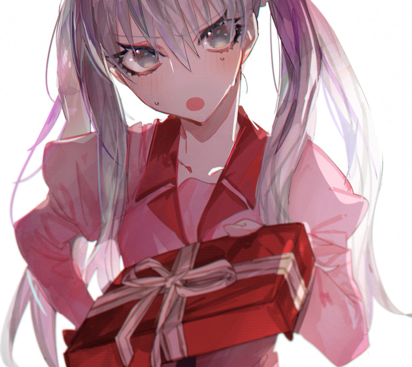 1girl :o blush box box_of_chocolates breasts chocolate collarbone collared_shirt dress_shirt eyelashes food gift gift_box gift_wrapping grey_eyes grey_hair hair_between_eyes hand_on_own_hip head_tilt highres holding holding_box holding_chocolate holding_food holding_gift incoming_gift long_hair long_sleeves looking_at_viewer monogatari_(series) naoetsu_high_school_uniform oikura_sodachi open_mouth owarimonogatari pink_shirt puffy_sleeves reaching reaching_towards_viewer school_uniform shirt simple_background small_breasts solo sweatdrop tbrsnsk tsundere twintails upper_body v-shaped_eyebrows valentine white_background