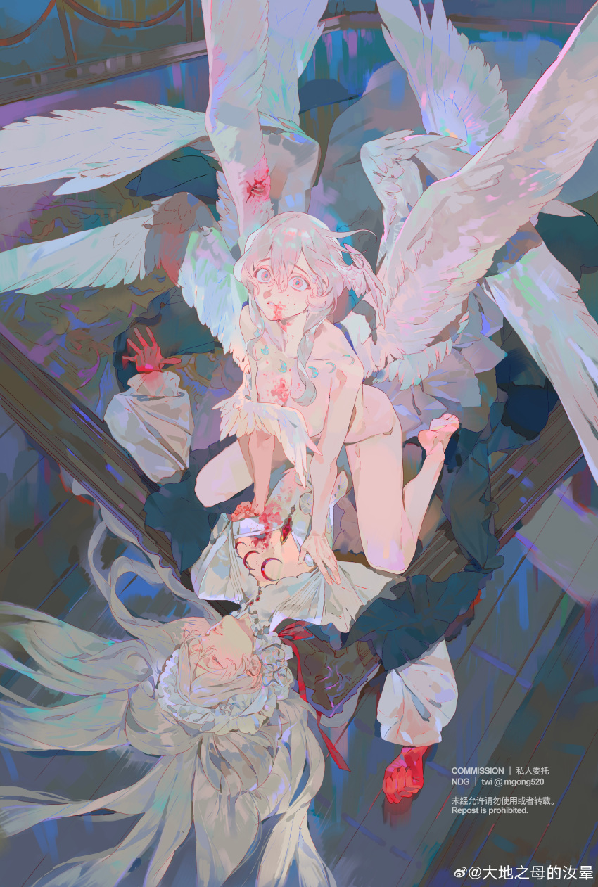 2girls absurdres angel_wings barefoot blood blood_on_chest blood_on_face blood_on_hands bloody_wings chinese_commentary chinese_text closed_eyes commission completely_nude crazy_eyes crescent english_text gem hair_wings highres indoors kneeling long_hair looking_at_viewer looking_up lying maid mgong520 multiple_girls multiple_wings nude on_back on_floor original parted_lips red_eyes red_gemstone sidelocks soles toes twitter_username weibo_logo weibo_username white_hair white_wings wings
