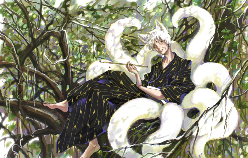 1boy akagi_shigeru animal_ears barefoot black_kimono chinese_commentary closed_mouth commentary_request fox_boy fox_ears fox_tail fukumoto_mahjong full_body highres holding holding_smoking_pipe in_tree japanese_clothes kemonomimi_mode kimono kiseru kitsune male_focus medium_bangs multiple_tails old old_man short_hair sitting sitting_in_tree smile smoking_pipe solo striped_clothes striped_kimono tail ten_(manga) tree white_hair wrinkled_skin yannchann