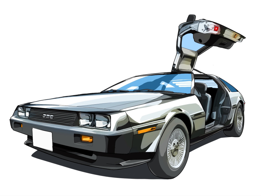 car delorean glowing goldframe gullwing_doors highres motor_vehicle no_humans open_door original shadow simple_background vehicle_focus white_background