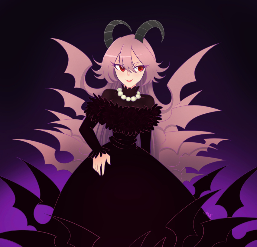 1girl black_dress demon_girl demon_horns demon_wings dress funamusea gallaxi hand_on_own_hip highres horns jewelry lil_(funamusea) long_hair looking_to_the_side necklace pearl_necklace pink_hair red_eyes smile solo very_long_hair wings