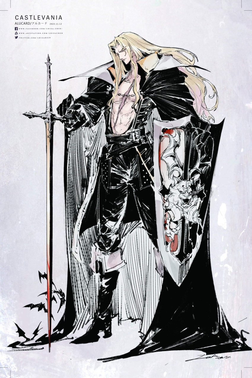 1boy abs alucard_(castlevania) artstation_username bare_pectorals bat_(animal) belt bishounen black_belt black_cape black_coat black_footwear black_gloves black_pants black_sleeves blonde_hair blood blood_on_weapon boots cape castlevania_(series) character_name closed_mouth coat collar collared_coat commentary copyright_name dated english_commentary eyelashes facebook_username full_body gloves high_heel_boots high_heels highres holding holding_shield knee_boots leather leather_pants light_smile lips loiza long_hair long_sleeves looking_ahead male_focus multiple_belts open_clothes open_coat pants pectorals scar scar_on_cheek scar_on_face shield sidelocks simple_background solo sword twitter_username two-sided_cape two-sided_fabric weapon white_background white_cape white_collar