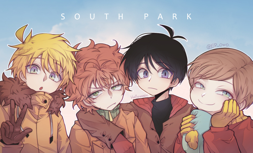 4boys arm_around_shoulder black_hair blonde_hair blue_eyes brown_hair copyright_name eric_cartman fang fang_out frown fur-trimmed_hood fur_trim gloves halloween_(owo) hand_on_own_cheek hand_on_own_face hat high_collar holding holding_clothes holding_hat hood jacket jitome kenny_mccormick kyle_broflovski looking_at_viewer male_focus multiple_boys open_mouth orange_hair parka purple_eyes short_hair smile south_park stan_marsh unworn_hat unworn_headwear v v-shaped_eyebrows