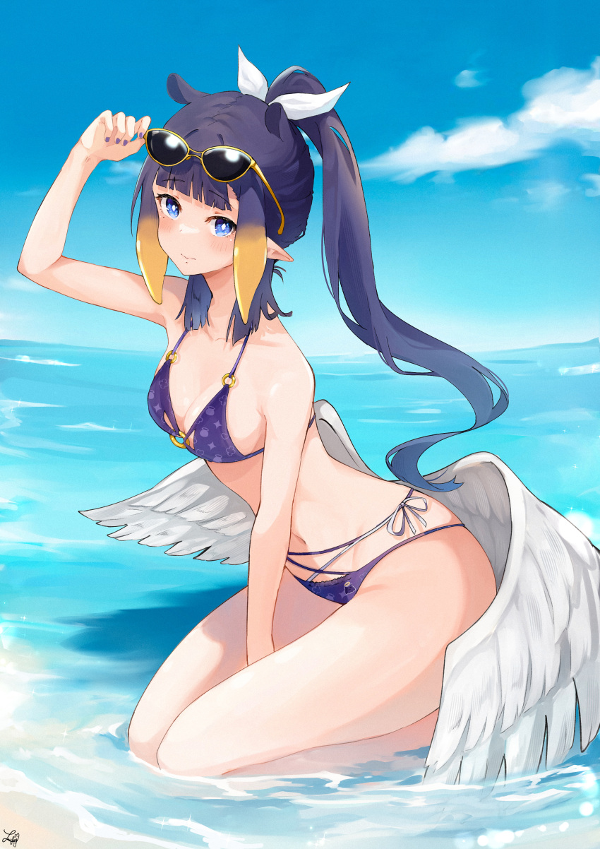 1girl absurdres adjusting_eyewear alternate_costume arm_between_legs arm_up beach bikini blue_bikini blue_eyes blue_hair blue_sky blunt_bangs blush breasts closed_mouth cloud day english_commentary feathered_wings halterneck highres hololive hololive_english long_hair looking_at_viewer low_wings lucferz medium_breasts ninomae_ina'nis o-ring o-ring_top ocean partially_submerged pointy_ears ponytail print_bikini sky solo string_bikini sunglasses swimsuit tentacle_hair thighs virtual_youtuber white_wings wings