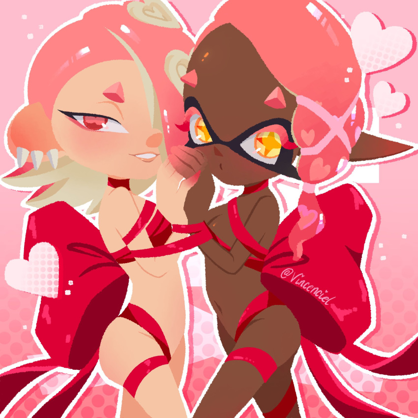 2girls artist_name bare_shoulders breasts cephalopod_eyes colored_eyelashes commentary dark-skinned_female dark_skin english_commentary eyelashes frye_(splatoon) hair_over_one_eye heart highres holding_hands long_hair long_pointy_ears looking_at_viewer medium_hair multiple_girls navel parted_lips pink_background pink_hair pointy_ears red_eyes shiver_(splatoon) smile splatoon_(series) splatoon_3 standing star-shaped_pupils star_(symbol) symbol-shaped_pupils teeth tentacle_hair thick_eyebrows twitter_username vincenciel wrapped_up yellow_eyes