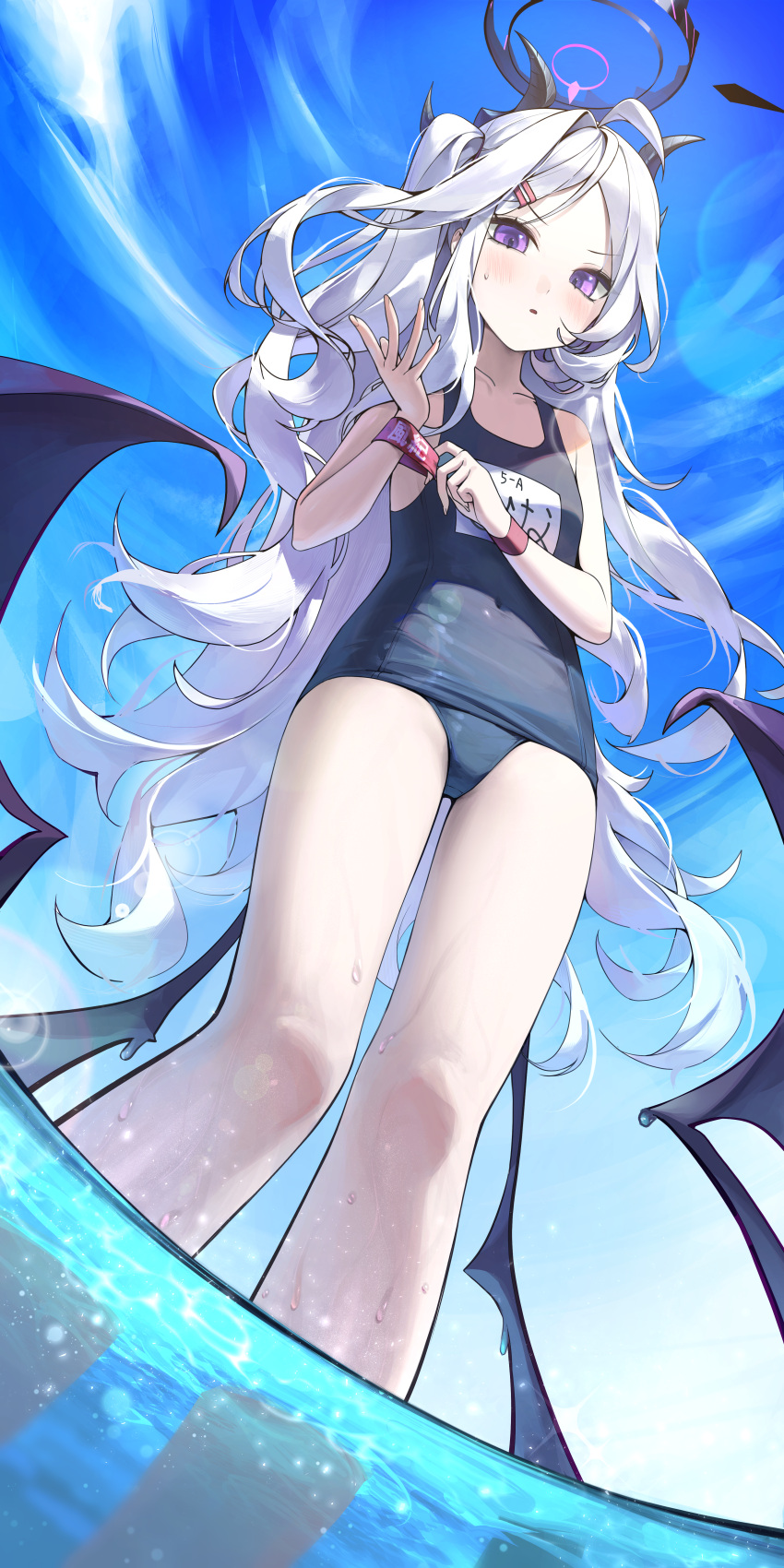 1girl absurdres ahoge blue_archive blush breasts demon_horns hair_ornament hairclip halo highres hina_(blue_archive) hina_(swimsuit)_(blue_archive) horns long_hair multiple_horns parted_bangs purple_eyes purple_halo sbgu school_swimsuit small_breasts solo swimsuit very_long_hair white_hair