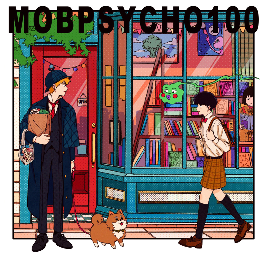 1girl 2boys absurdres alien_(mob_psycho_100) animal black_hair black_pants blonde_hair book bow bowtie broccoli brown_footwear brown_shorts cm_wm coat commentary_request copyright_name dog door ekubo_(mob_psycho_100) hat highres holding holding_leash kageyama_shigeo kurata_tome leash long_sleeves looking_at_another mob_psycho_100 multiple_boys official_alternate_costume one-punch_man outdoors pants red_bow red_bowtie reigen_arataka saitama_(one-punch_man) shirt shoes short_hair shorts smile spirit walking white_shirt