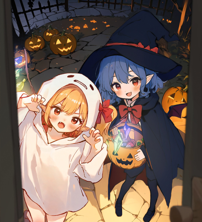 2girls :d ai-assisted alternate_costume b74 bare_legs bat_wings black_cape blonde_hair blue_hair blush bow bowtie cape child claw_pose cloak commentary crystal english_commentary fang fence flandre_scarlet food ghost_costume halloween halloween_costume hat highres holding holding_food holding_pumpkin holding_vegetable hood hoodie jack-o'-lantern kneeling lantern long_sleeves looking_at_viewer multiple_girls naked_hoodie open_mouth pointy_ears pov pumpkin red_bow red_bowtie red_eyes remilia_scarlet short_hair siblings sisters skin_fang smile touhou trick_or_treat v-shaped_eyebrows vegetable wide_sleeves wings witch_hat