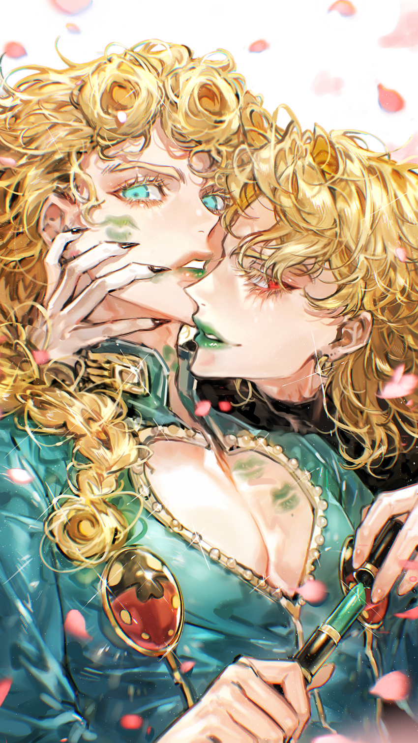 2boys arm_around_neck black_nails black_shirt blue_eyes cleavage_cutout clothing_cutout cosmetics curly_hair dio_brando falling_petals father_and_son giorno_giovanna green_lips green_lipstick_tube green_shirt hand_on_another's_face highres holding holding_lipstick_tube jojo_no_kimyou_na_bouken lipstick_mark lipstick_mark_on_chest lipstick_mark_on_face lipstick_tube long_hair multiple_boys oarfish_(artist) petals red_eyes shirt white_background