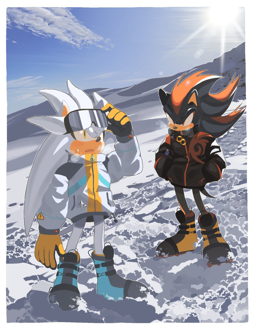 2boys animal_ears animal_nose arm_up black_coat black_footwear black_fur black_gloves blue_footwear blue_sky boots border chzzei cloud cloudy_sky coat covered_mouth day english_commentary full_body furry furry_male gloves goggles goggles_on_head grey_footwear hands_in_pockets hedgehog hedgehog_ears hedgehog_tail highres long_sleeves looking_at_another looking_up male_focus mountain multiple_boys open_mouth orange_footwear orange_gloves outdoors puffy_long_sleeves puffy_sleeves red_eyes red_fur shadow_the_hedgehog silver_the_hedgehog sky snow sonic_(series) standing steam sun sweatdrop tail two-tone_footwear two-tone_fur two-tone_gloves white_border white_coat white_fur winter winter_clothes yellow_eyes zipper