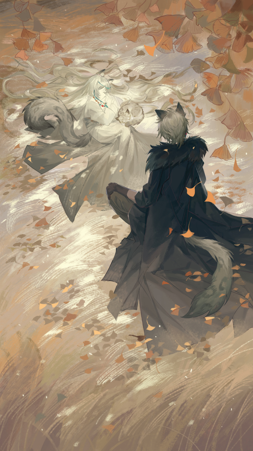 1boy 1girl absurdres animal_ears arknights autumn_leaves black_cloak black_gloves brother_and_sister cat chinese_commentary cloak closed_eyes closed_mouth facing_another falling_leaves fur-trimmed_cloak fur_trim ginkgo_leaf gloves grass grey_fur grey_hair grey_sash grey_tail highres japanese_clothes kimono leaf leopard_boy leopard_ears leopard_girl leopard_tail light_particles long_hair long_sleeves lying nayannayan on_side pramanix_(arknights) profile short_hair siblings silverash_(arknights) sitting sleeping sleeping_animal standing tail wheat white_kimono