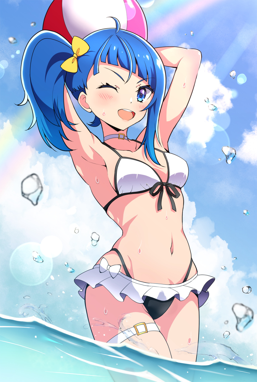 1girl armpits arms_behind_head arms_up ball beachball bikini blue_eyes blue_hair blue_sky bow breasts choker cloud cloudy_sky cowboy_shot cut_bangs day front-tie_bikini_top front-tie_top hair_bow highres hirogaru_sky!_precure holding holding_ball kaatsu_katsurou lens_flare long_hair looking_at_viewer medium_hair multi-strapped_bikini_bottom navel one_eye_closed open_mouth outdoors precure rainbow single_sidelock sky small_breasts smile solo sora_harewataru standing swimsuit thigh_strap wading water water_drop wet white_choker yellow_bow