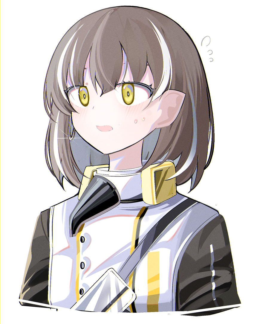 1girl arknights blush brown_eyes brown_hair cropped_torso earrings glint highres hoop_earrings jacket jewelry lying magallan_(arknights) multicolored_hair open_mouth pointy_ears simple_background solo spam_(spamham4506) streaked_hair sweat upper_body white_background white_jacket