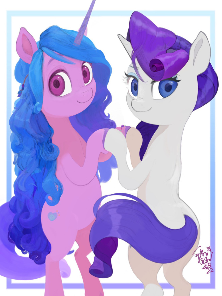 2023 blue_eyes blue_hair cottonbudfilly cutie_mark duo equid equine eyelashes eyeshadow female feral friendship_is_magic hair hasbro hi_res hooves horn izzy_moonbow_(mlp) long_hair looking_at_viewer makeup mammal mlp_g5 my_little_pony purple_body purple_eyes rarity_(mlp) signature solo tail unicorn unicorn_horn white_body