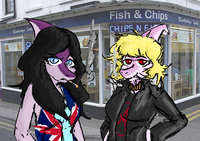 anarchy_symbol anthro black_hair blonde_hair blue_eyes bone_frill breasts brittany_(snoot_game) cigarette cigarette_holder cigarette_smoke clothed clothing colored dinosaur duo english_text faustanon female frill_(anatomy) hadrosaurid hair hand_in_pocket head_crest head_frill jacket long_hair looking_at_viewer multicolored_body multicolored_scales ornithischian parasaurolophus photo_background photography_(artwork) pink_body pink_scales pockets pupils purple_body purple_scales red_eyes reptile restaurant scales scalie sheila_(snoot_game) shirt slit_pupils smile smiling_at_viewer smoking smoking_cigarette snoot_game snout storefront tank_top text topwear two_tone_body two_tone_scales union_jack union_jack_clothing