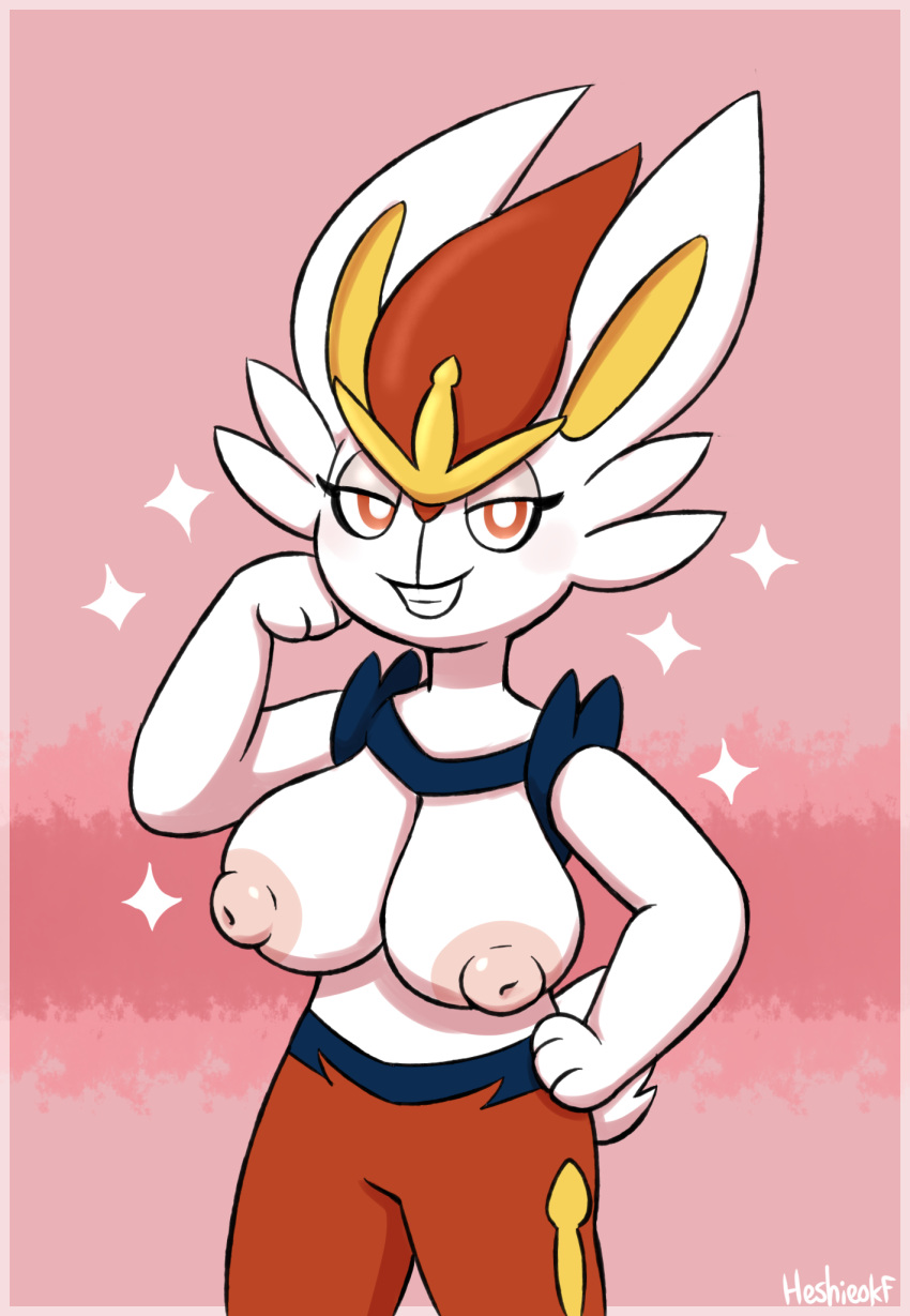 2024 anthro areola artist_name bedroom_eyes big_breasts biped bottomwear breasts cinderace clothed clothing eyelashes female fur generation_8_pokemon grin half-closed_eyes hand_on_hip hand_on_own_hip hand_to_face head_tuft heshieokf hi_res lagomorph leporid long_ears looking_at_viewer mammal narrowed_eyes nintendo nipples pants pink_background pink_nipples pinup pokemon pokemon_(species) pose pupils rabbit red_bottomwear red_clothing red_eyes red_pants seductive short_tail simple_background smile smug solo sparkles standing tail teeth topless tuft white_body white_fur white_pupils