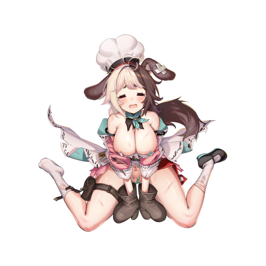 1girl animal_ear_fluff animal_ears ankle_socks apron areola_slip back_bow bandaid_on_ear bare_shoulders belt black_belt black_footwear blush bow breasts brown_hair chef_hat chocolate chocolate_on_body chocolate_on_breasts chocolate_on_head chocolate_on_legs chocolate_on_pussy closed_eyes convenient_censoring crossed_bandaids cuts dispenser dog_ears dog_girl dog_tail dress fang food_on_body full_body green_neckerchief grey_hair hachiko_of_castling hat heart highres huge_bow injury large_breasts last_origin low_twintails mary_janes mel_(dodosae) mint mint_chocolate multicolored_hair navel neckerchief off-shoulder_dress off_shoulder official_alternate_costume official_art open_mouth oven_mitts partially_visible_vulva pink_dress puffy_sleeves shoes short_twintails sidelocks simple_background single_shoe sitting socks solo spice split-color_hair tachi-e tail tearing_up thick_thighs thigh_belt thigh_pouch thigh_strap thighs third-party_source tongue torn_apron torn_bow torn_clothes torn_dress torn_neckerchief torn_sleeves torn_socks transparent_background twintails two-tone_hair valentine wariza white_apron white_bow white_headwear white_socks